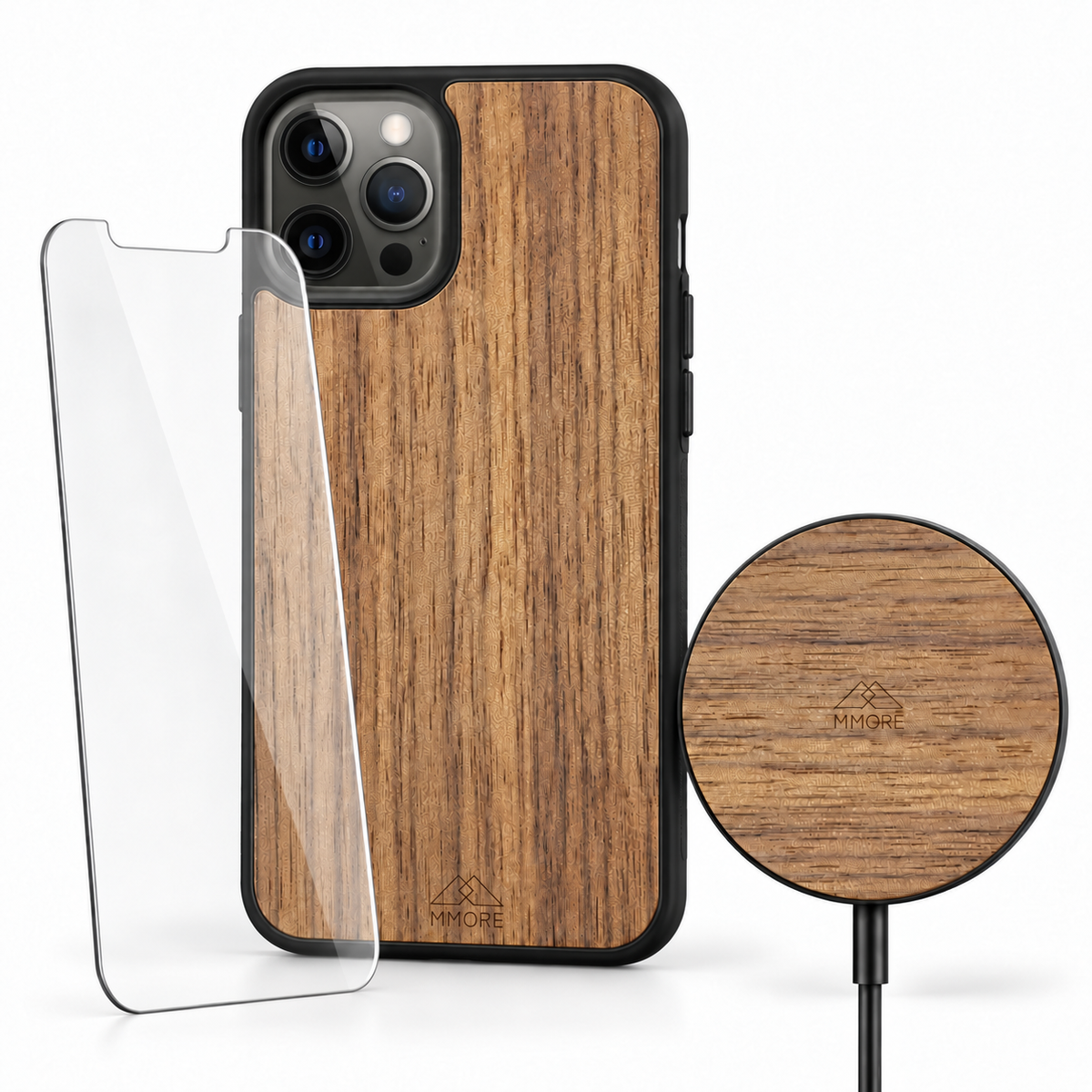 American Walnut bundle with wooden phone case, tempered glass screen protector and American Walnut wireless charger