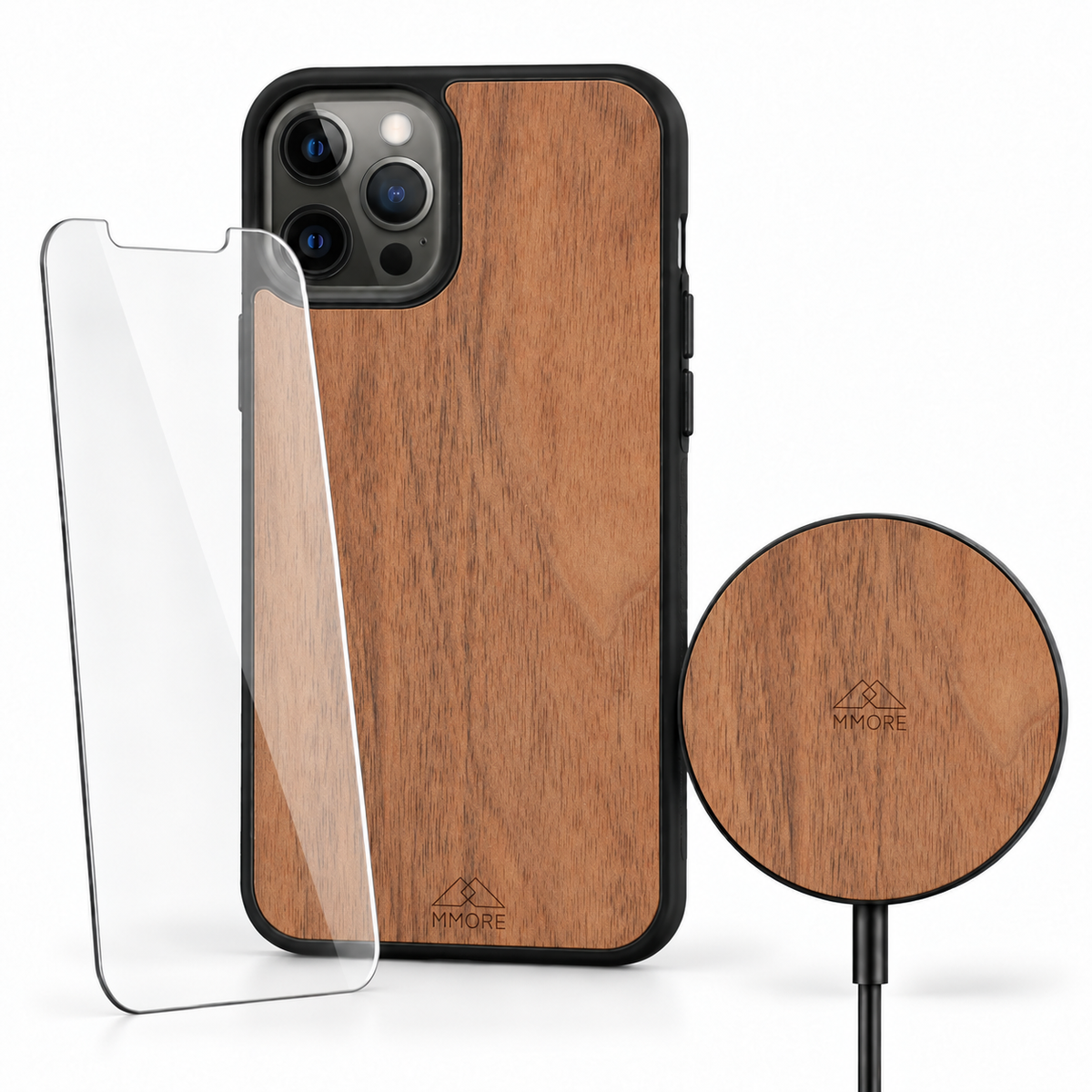 European Walnut bundle with wooden phone case, tempered glass screen protector and matching European Walnut wireless charger