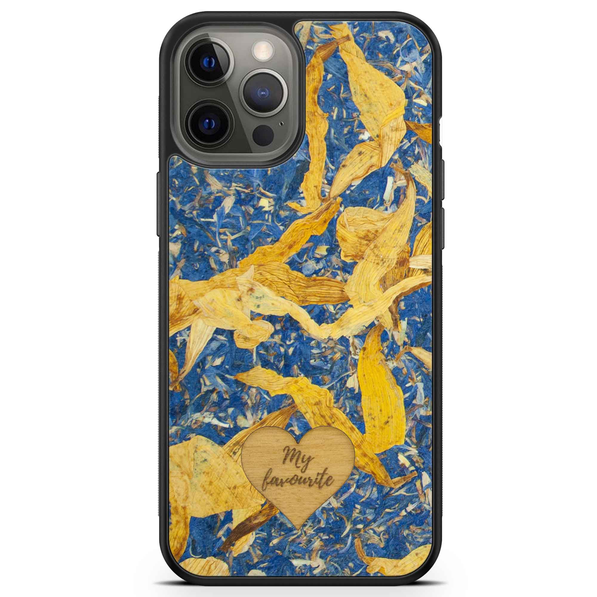 A phone case with a blue and gold floral pattern and a wooden heart detail at the bottom, displaying the text 'My favorite'. Main image