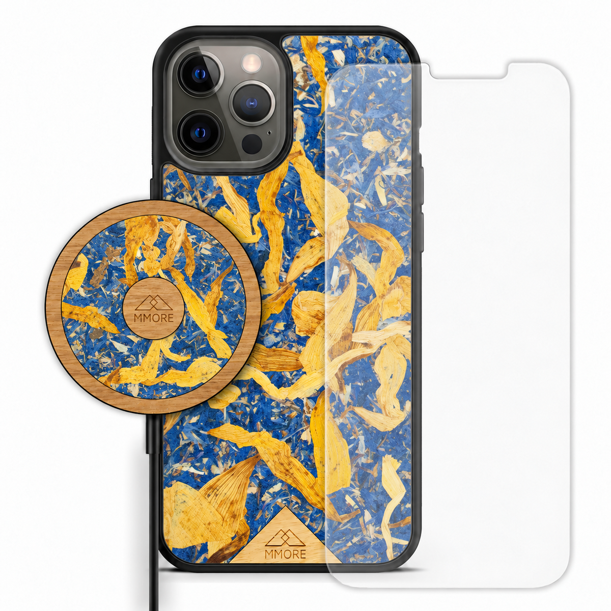 Summer Sky bundle with blue cornflower and sunflower petal phone case, tempered glass screen protector and matching wireless charger