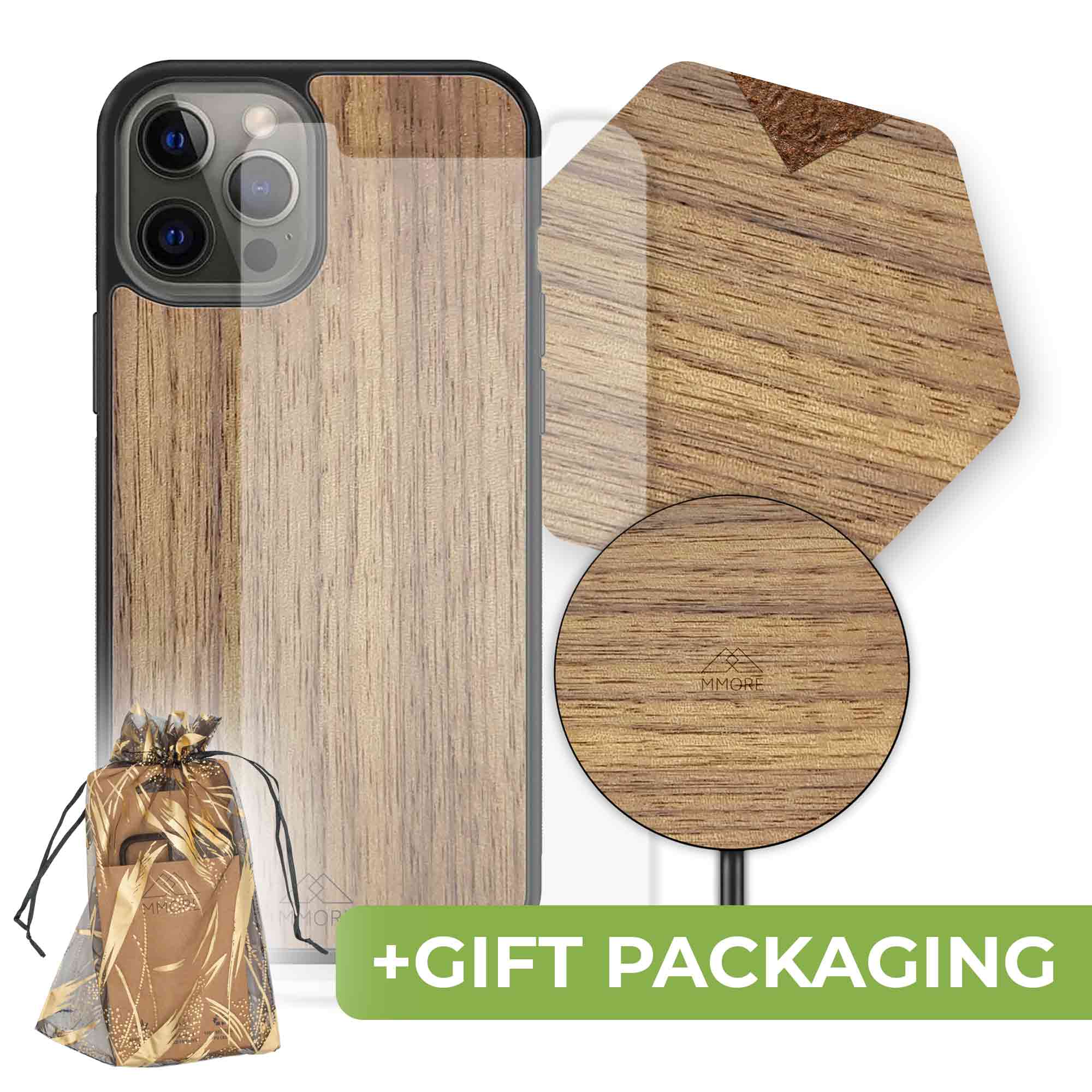 BUNDLE - American Walnut Phone Case + Screen Protector + Wireless Charger + Coasters Main image