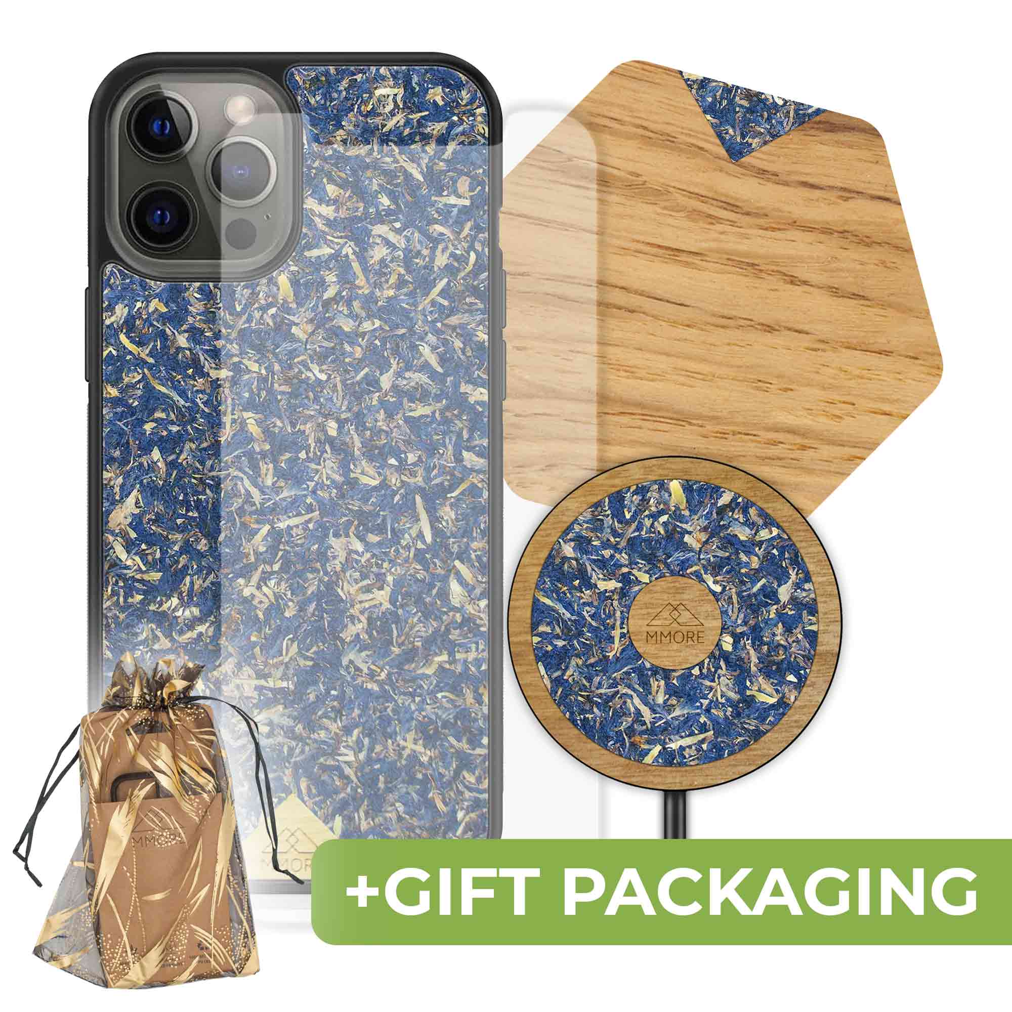 BUNDLE - Blue Cornflower Phone Case + Screen Protector + Wireless Charger + Coasters Main image
