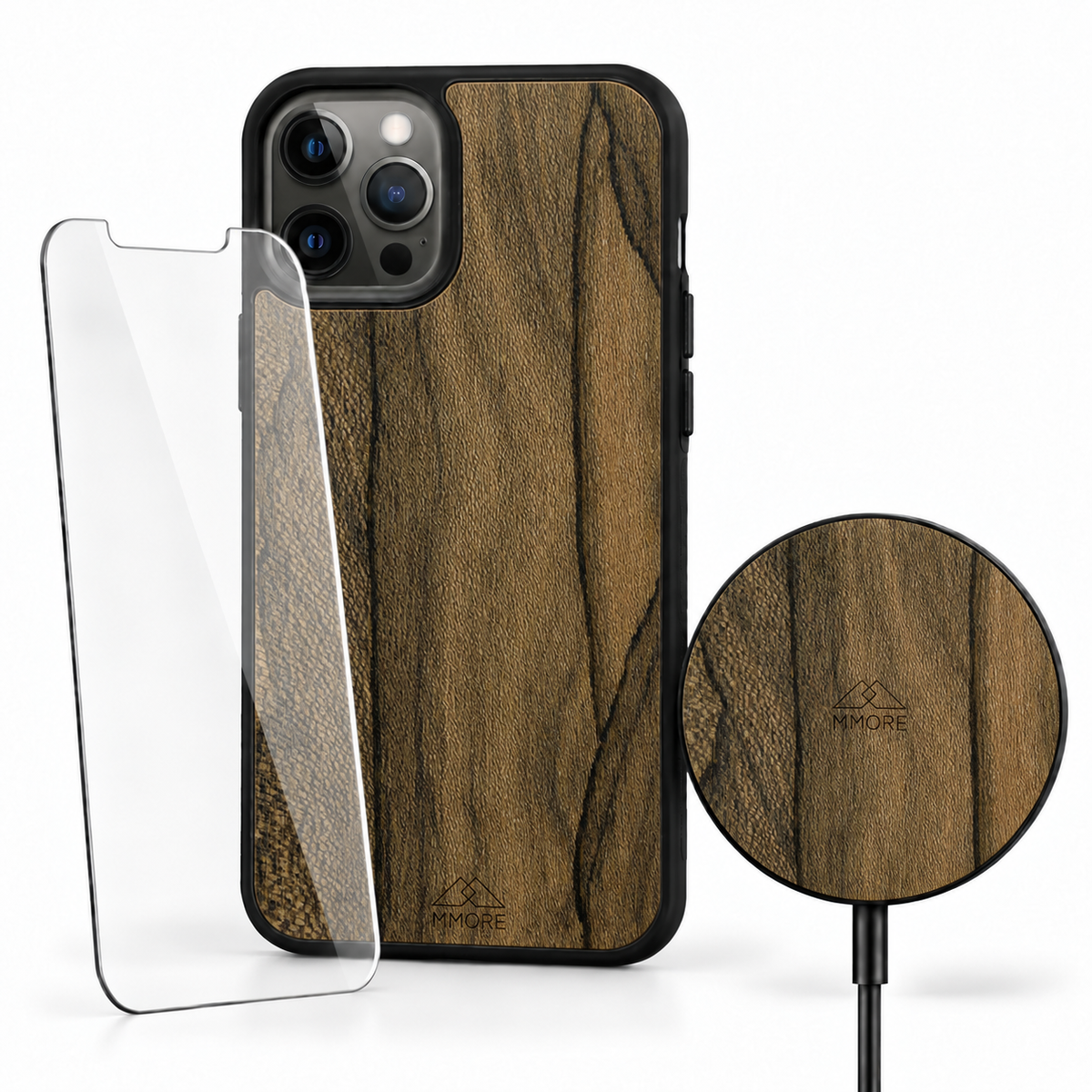 Ziricote bundle with wooden phone case, tempered glass screen protector and matching Ziricote wireless charger