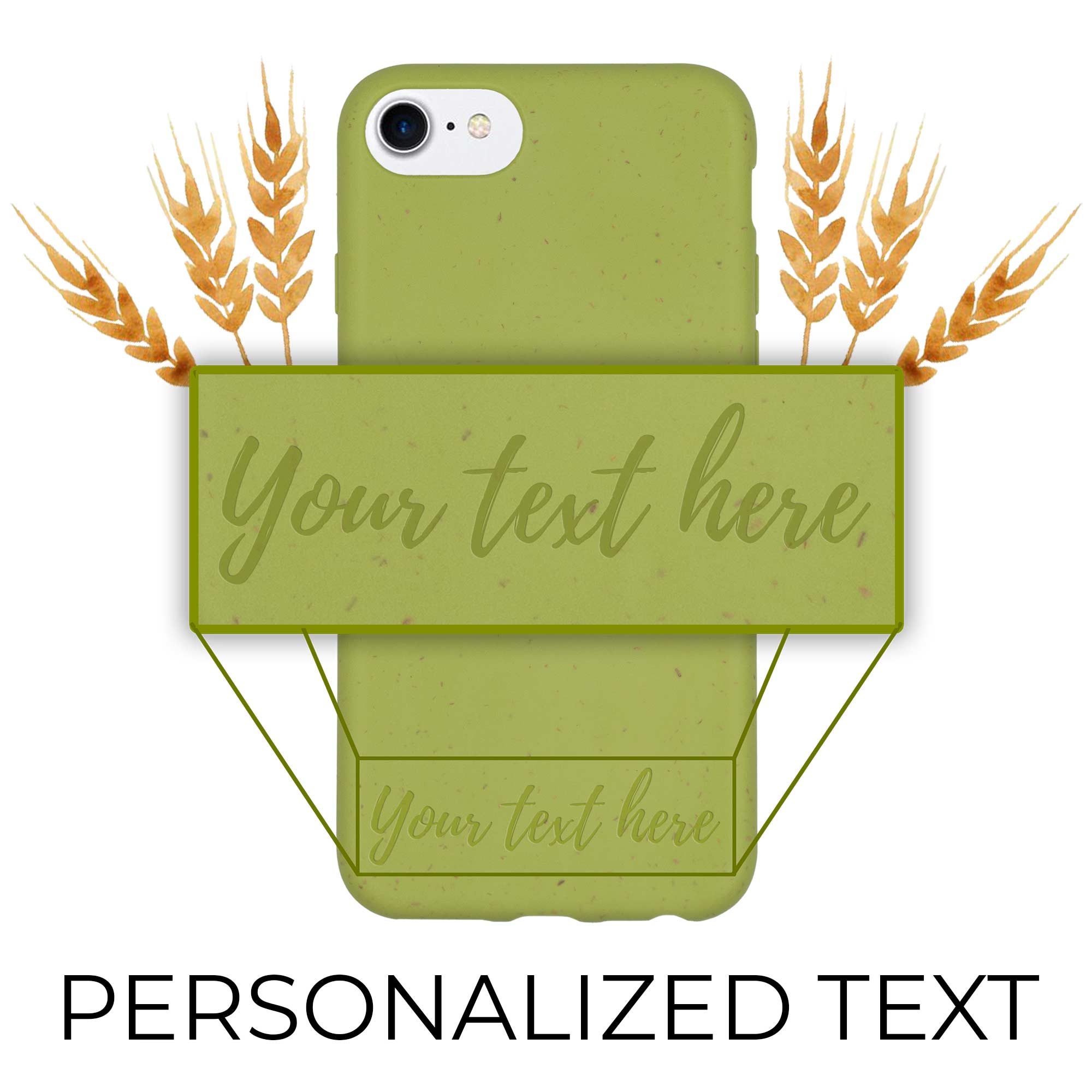 Funda para iPhone verde manzana con texto personalizado compostable
