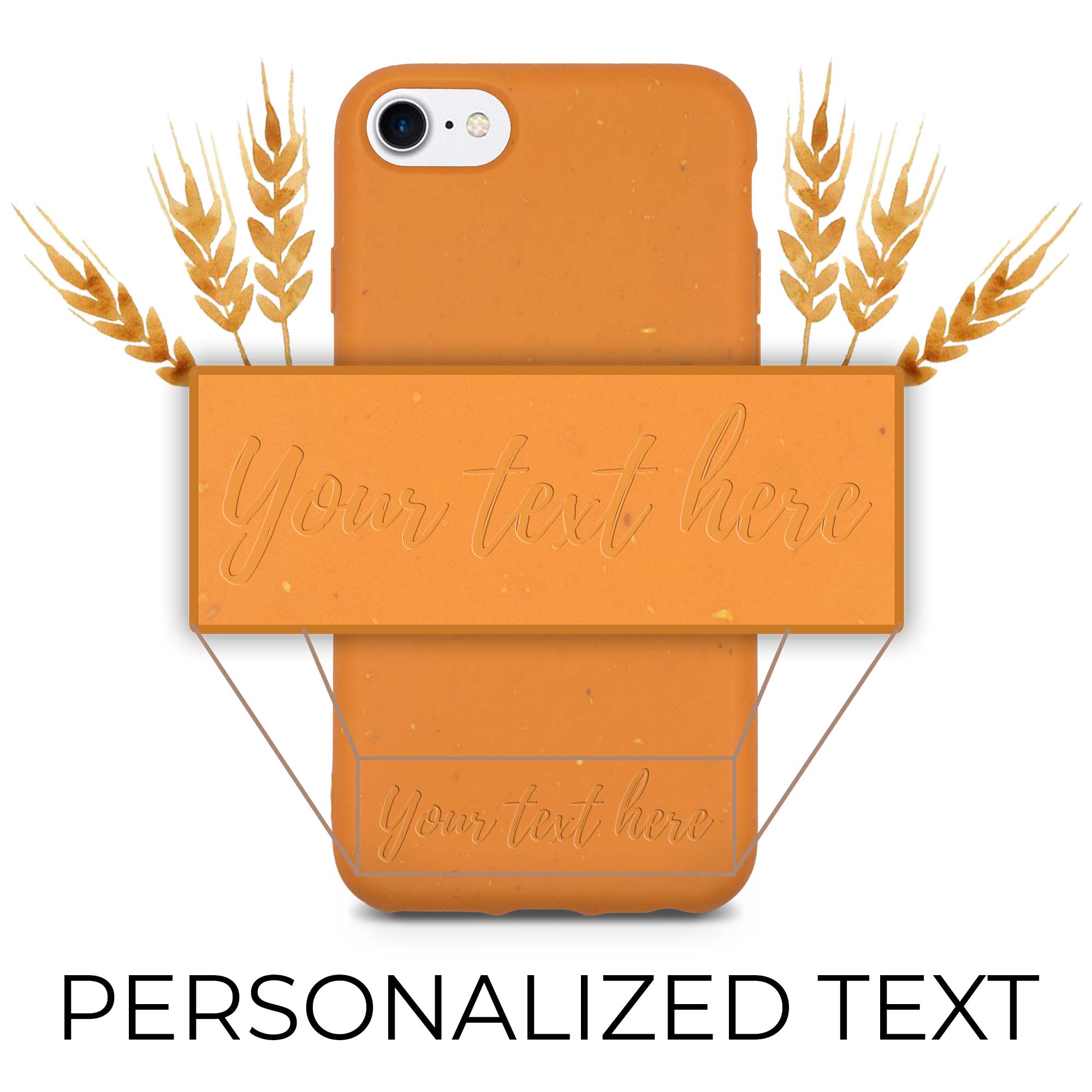 Texto personalizado personalizado en una funda naranja biodegradable para iPhone