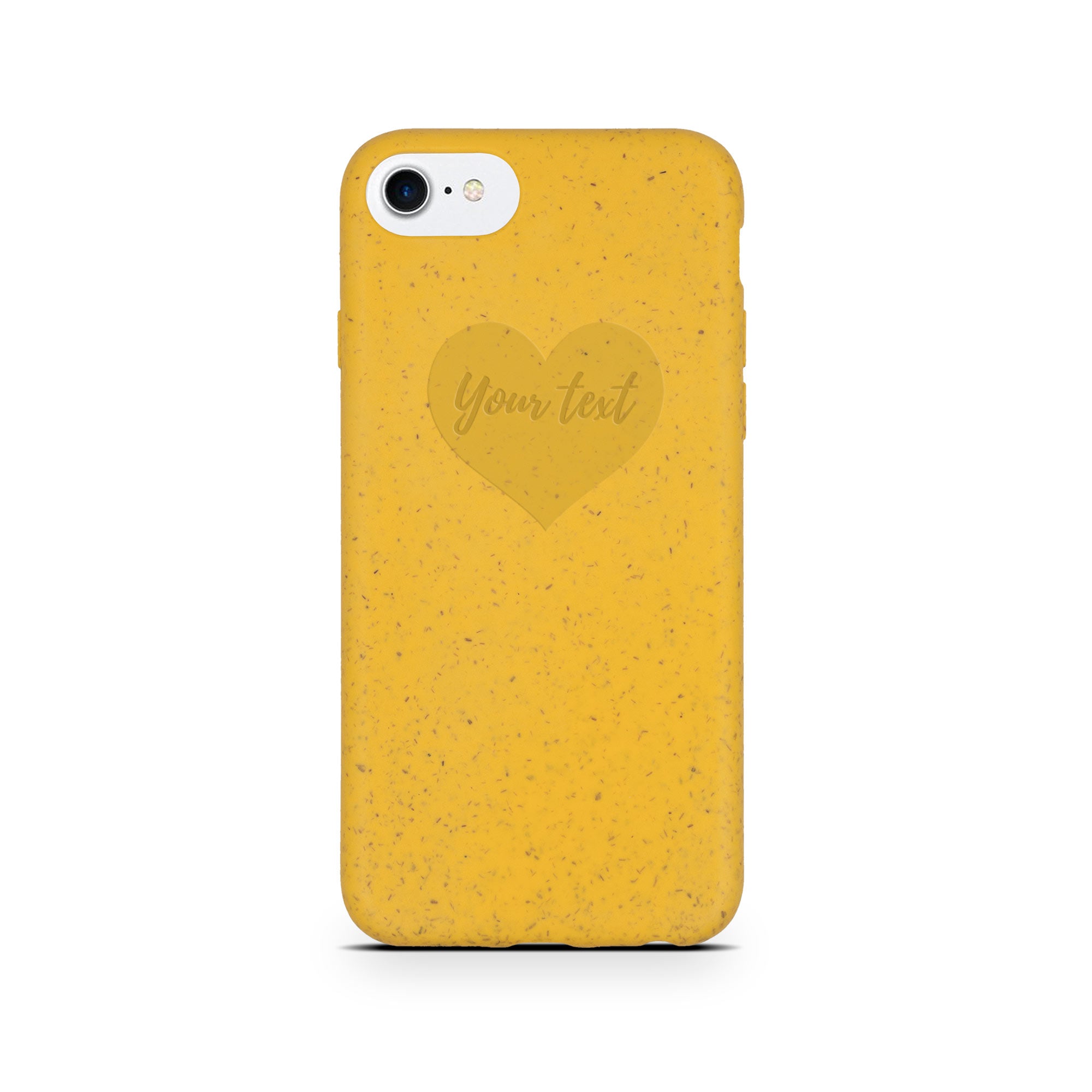 iPhone SE texto personalizado en carcasa amarilla con forma de corazón
