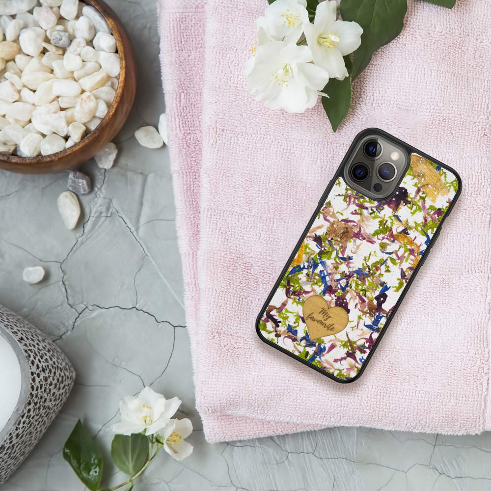 Flatlay of Crystal Meadow Phone Case in Spa