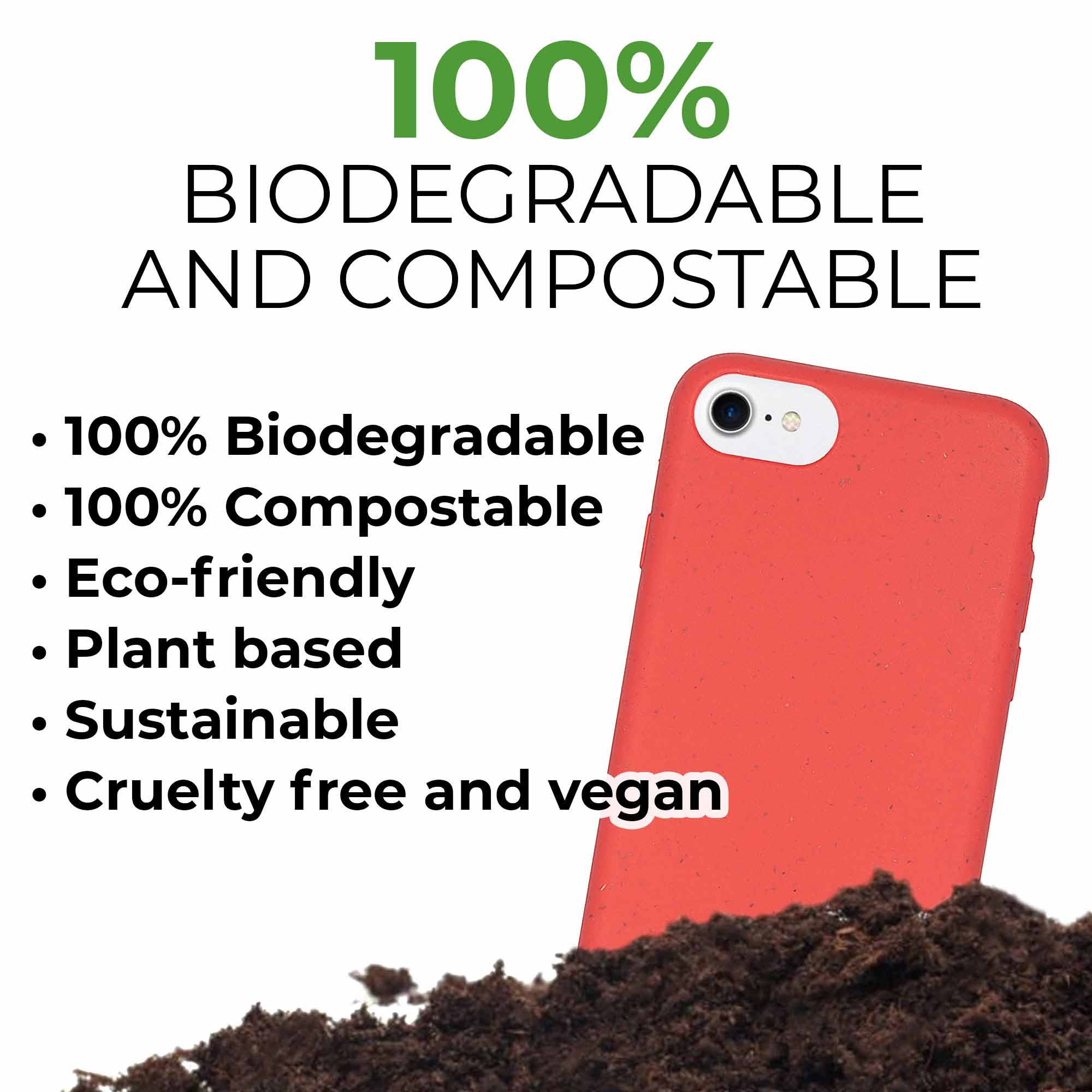 Custodia per telefono rossa completamente biodegradabile e compostabile