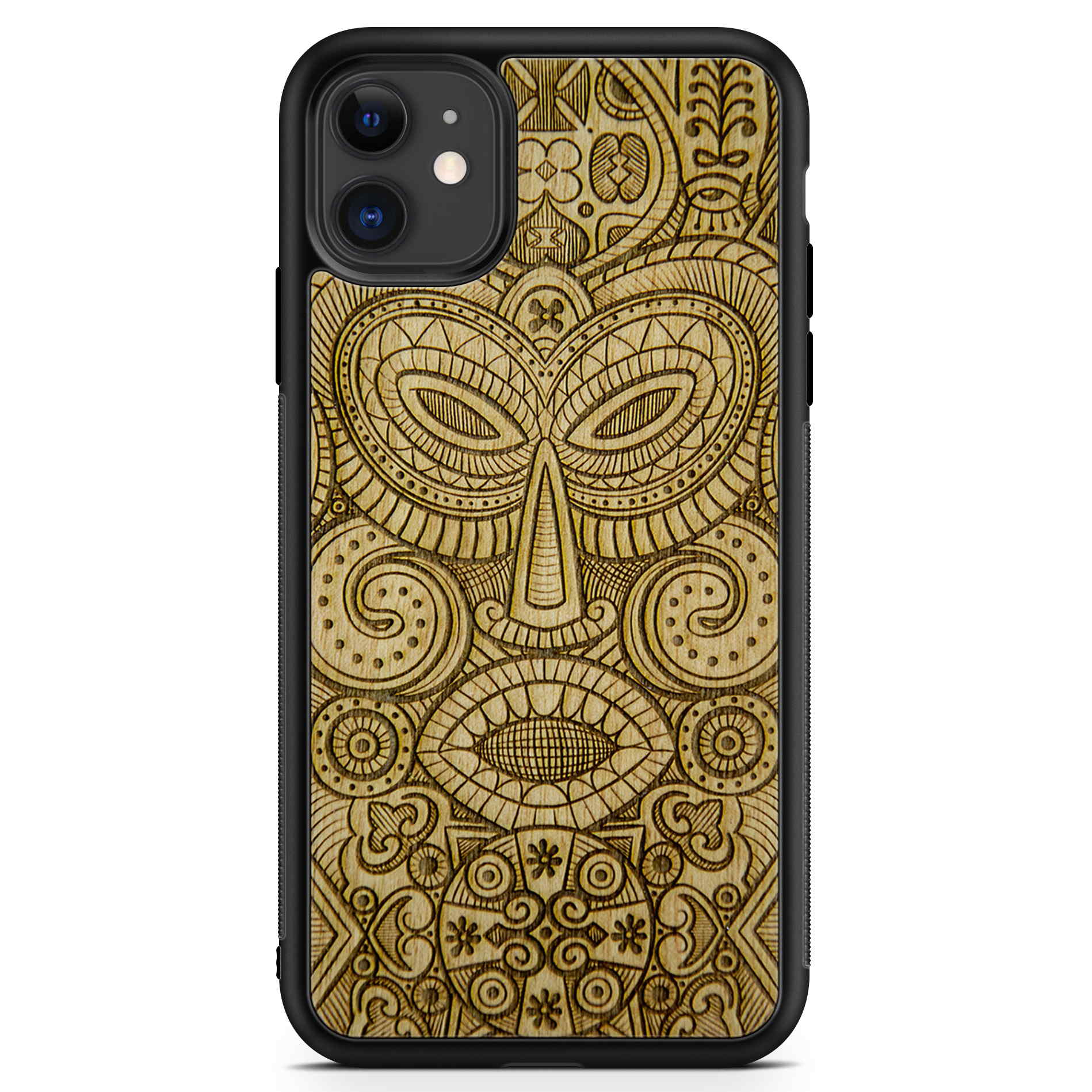 Custodia per telefono in legno con maschera tribale per iPhone 11