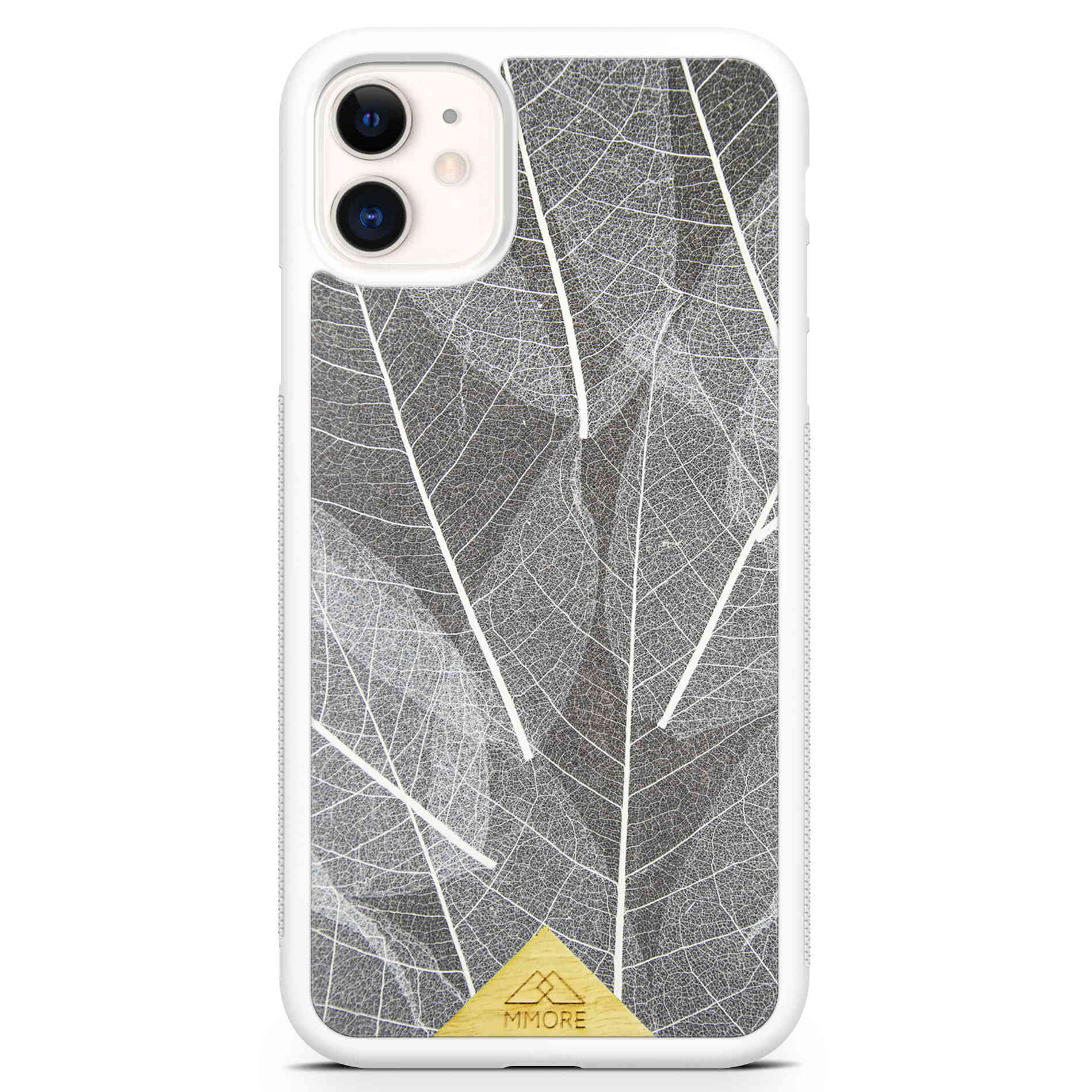 Funda para iPhone 11 con marco blanco y hojas de esqueleto