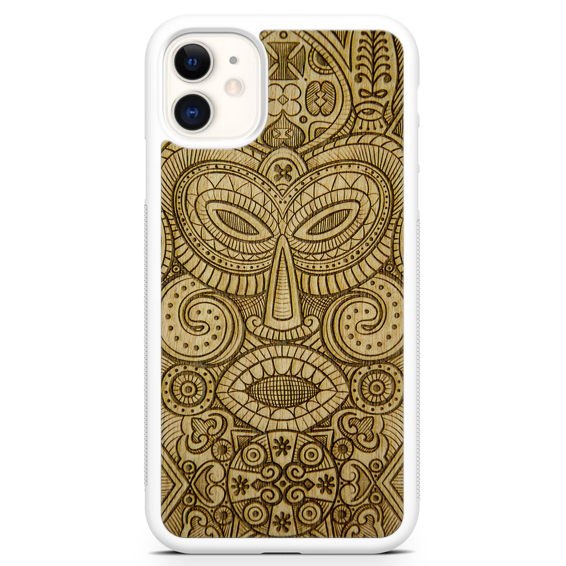 Funda para teléfono de madera blanca con máscara tribal tribal para iPhone 11