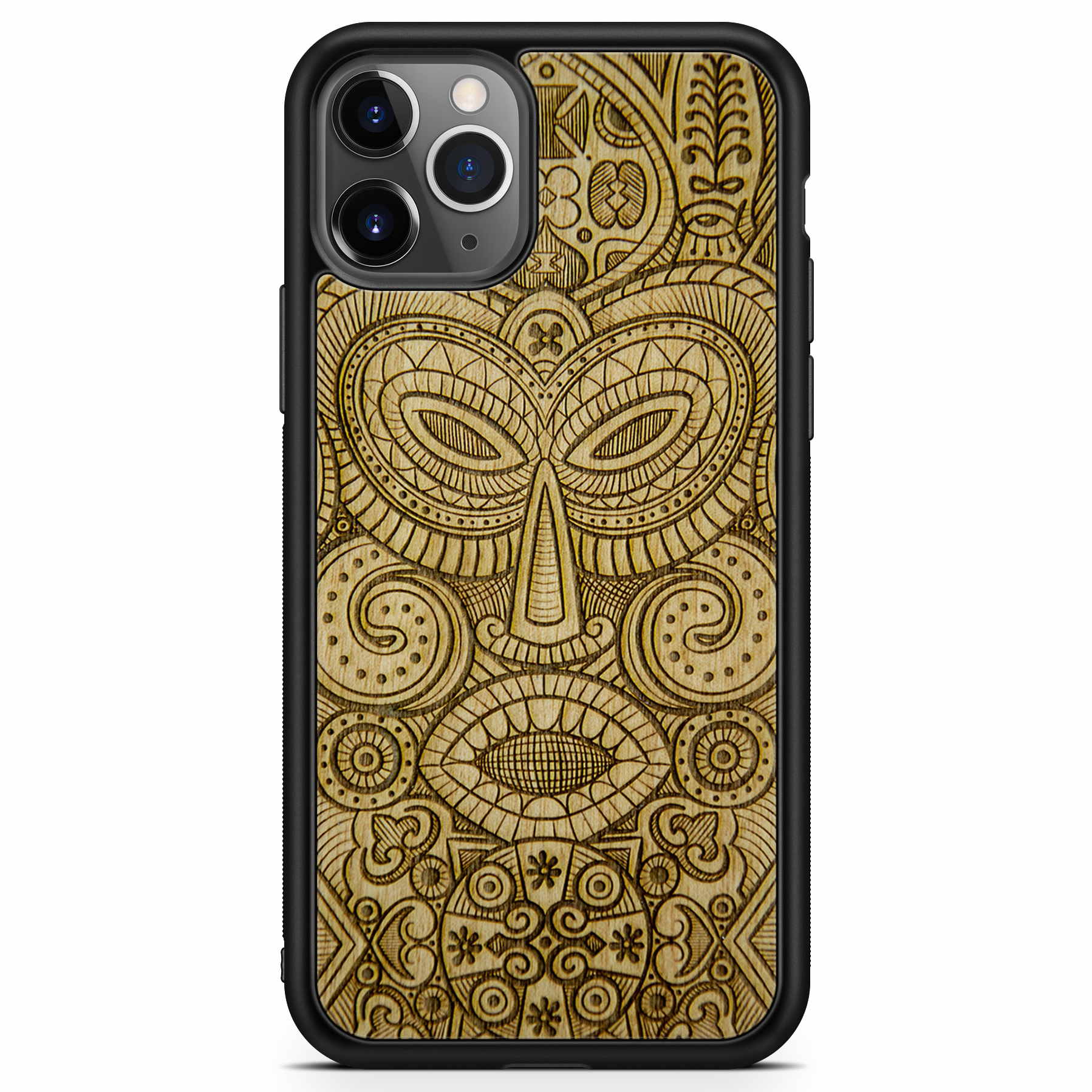 Coque de téléphone en bois avec masque tribal pour iPhone 11 Pro Max