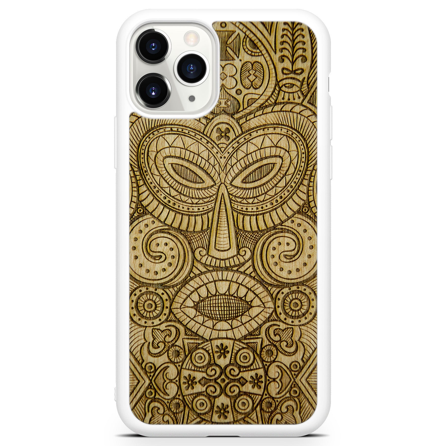 Custodia per telefono in legno bianco con maschera tribale per iPhone 11 Pro Max