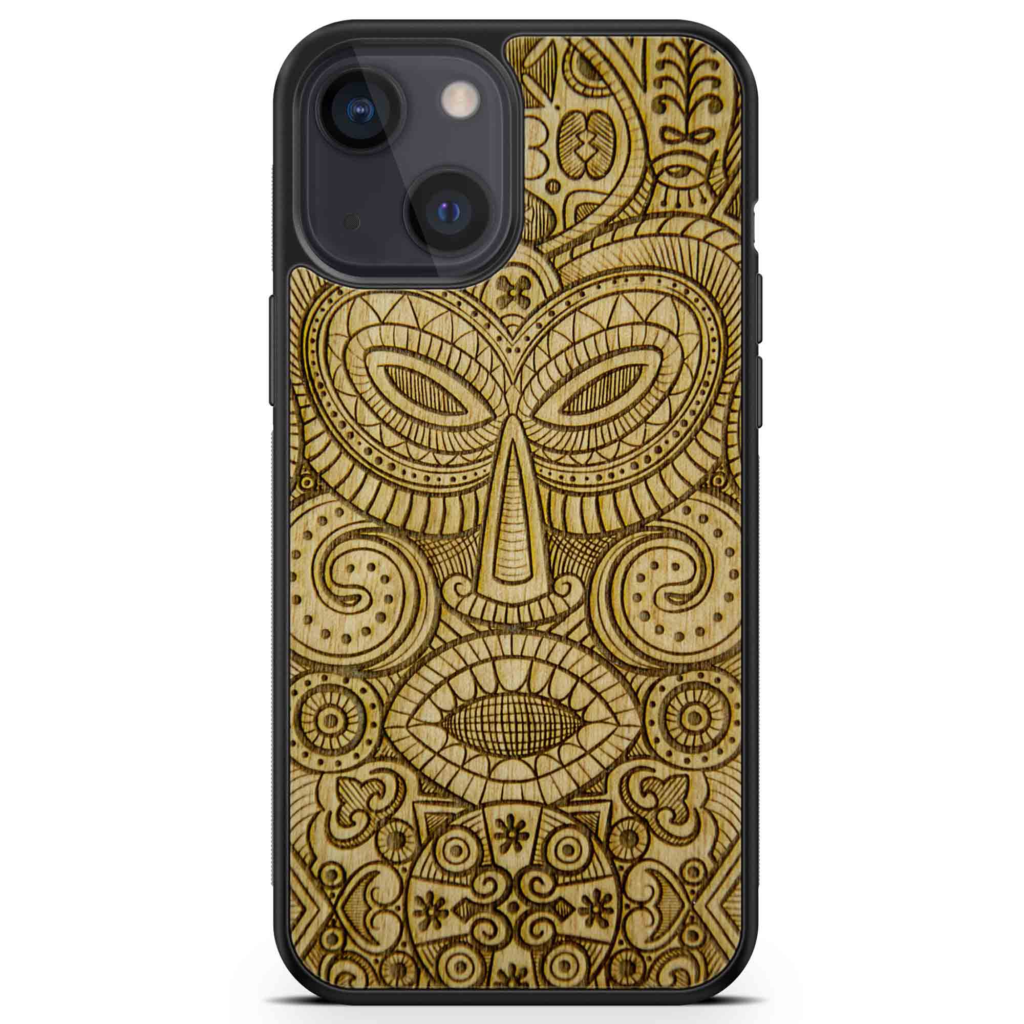 Custodia per telefono in legno con mini maschera tribale per iPhone 13