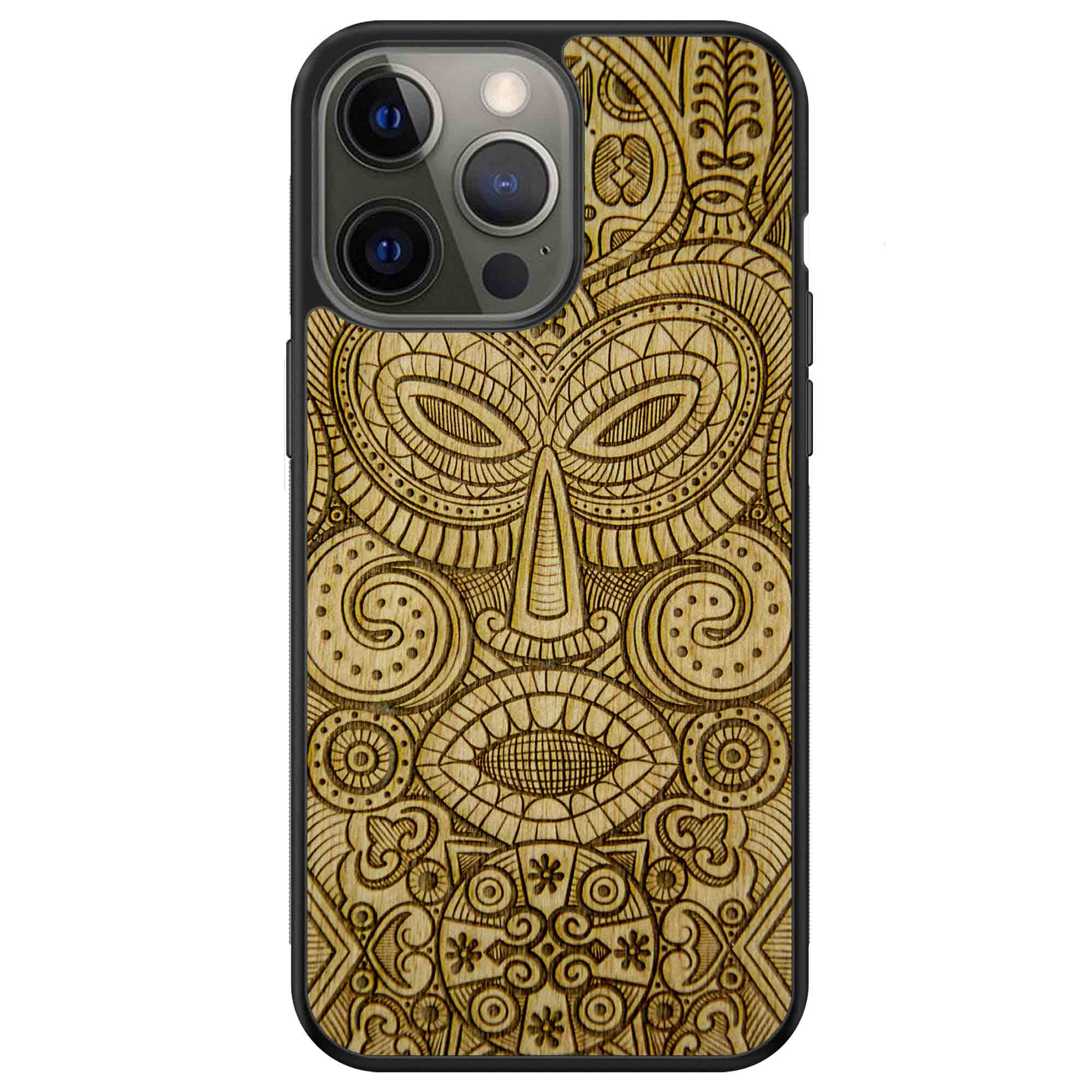 Coque de téléphone en bois avec masque tribal pour iPhone 13 Pro Max