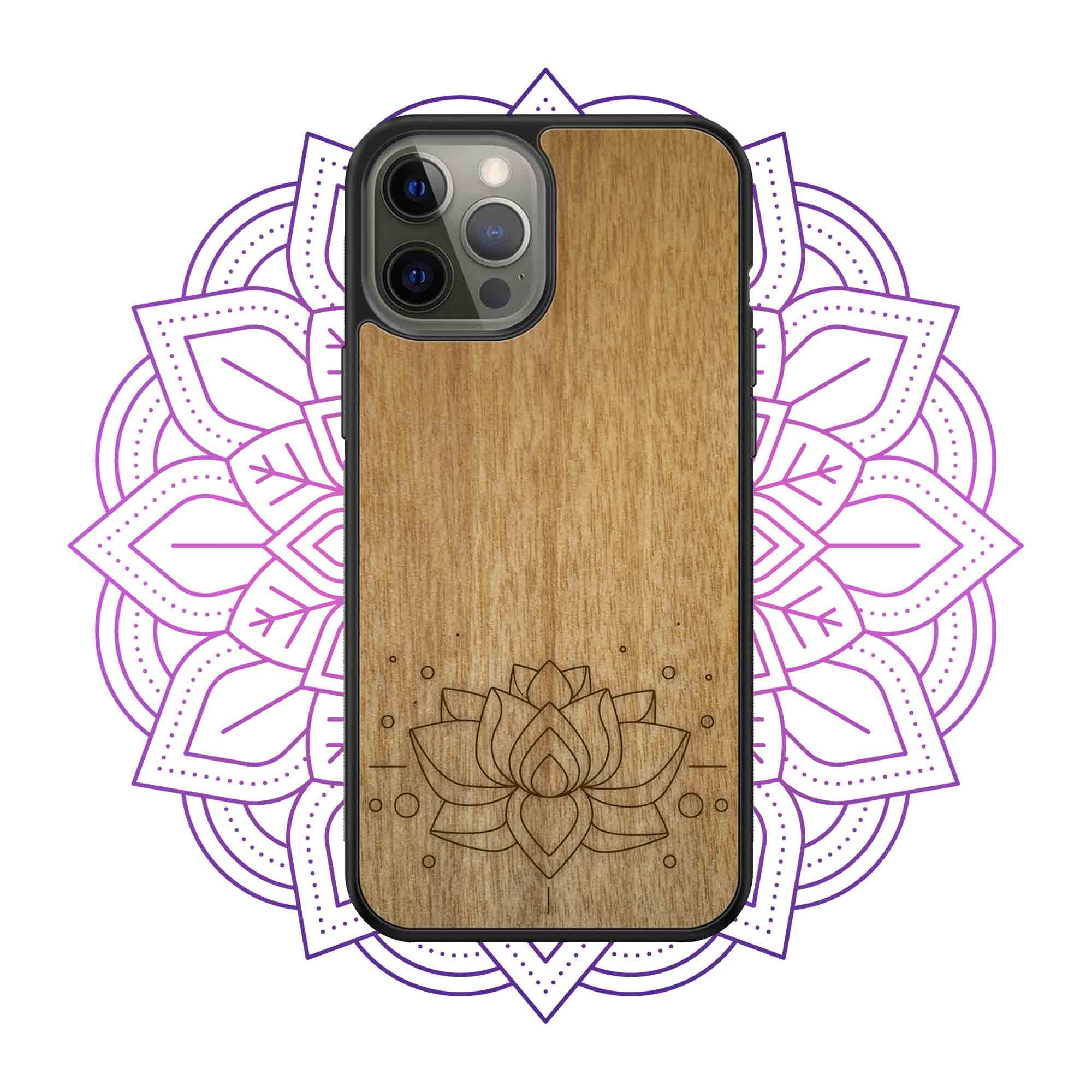 Engraved Wooden Phone Case with Lotus Flower
