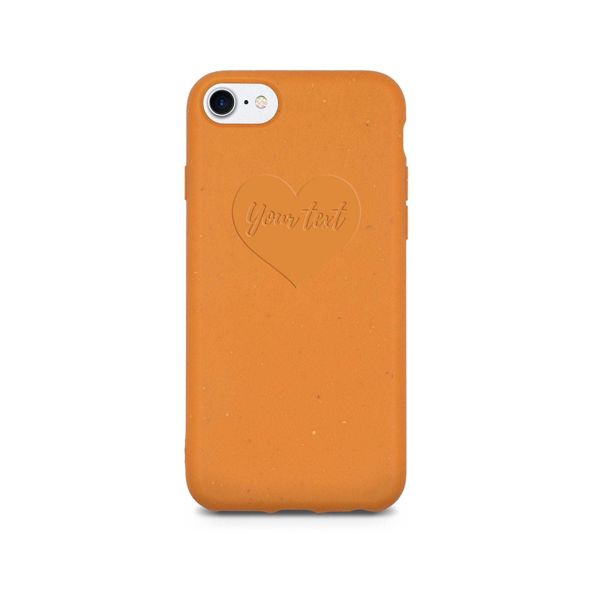 Texto personalizado biodegradable en carcasa naranja corazón para iPhone 7