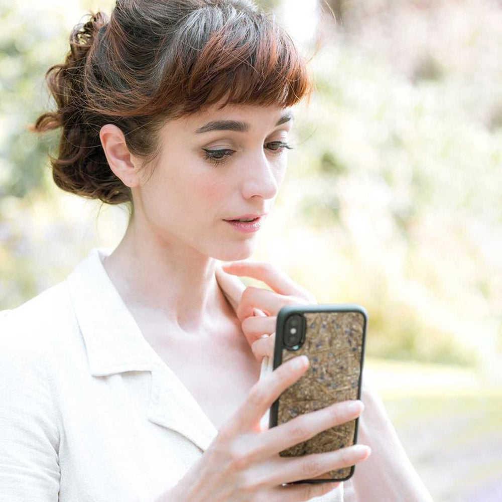 Influencer with organic lavender phone case in hands