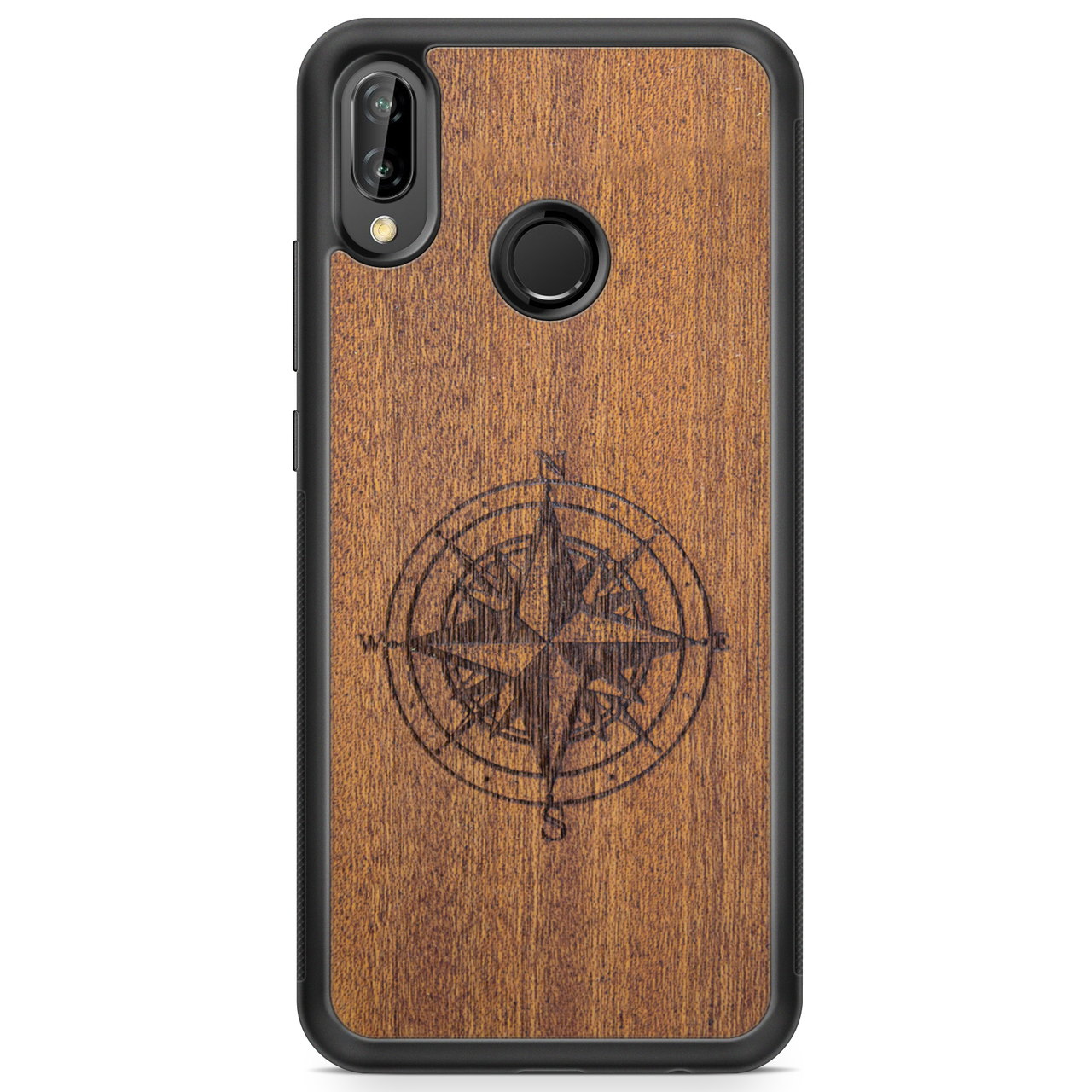 Real Engraved Wood Phone Case with Compass design for Huawei P20 PRO in Black Colour made from Mahogany woodCompass Wood Phone Case Huawei P20 Lite