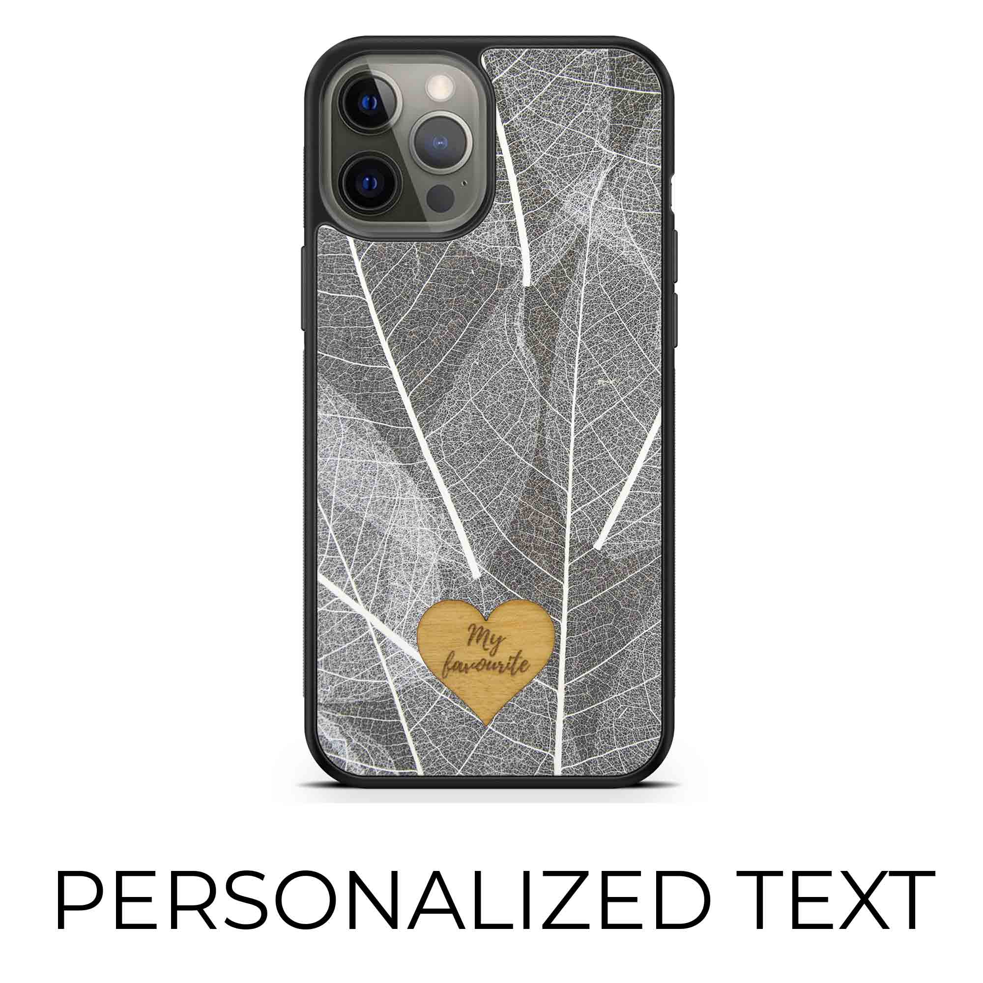Caja personalizada con texto en forma de corazón con hojas de esqueleto personalizadas
