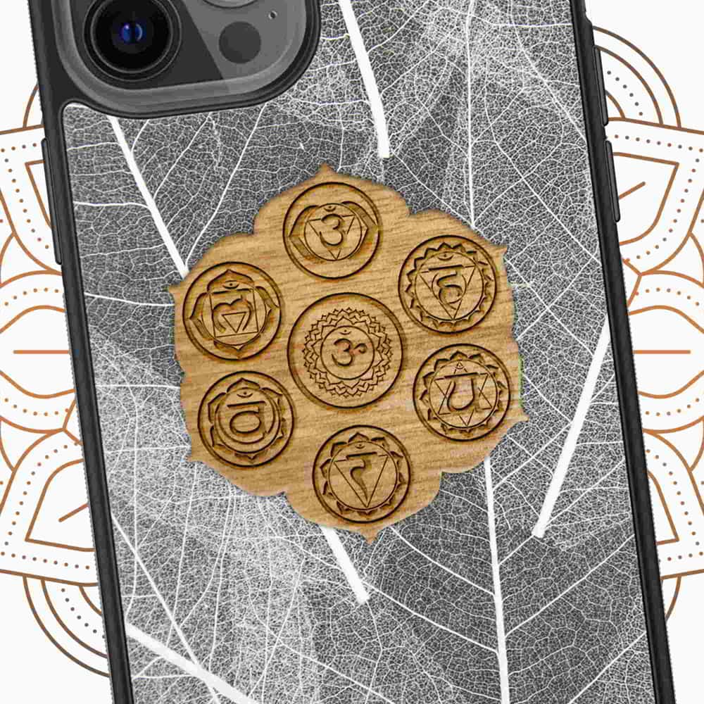 All Seven Chakra Yoga Symbol on Skeleton Leaves Material