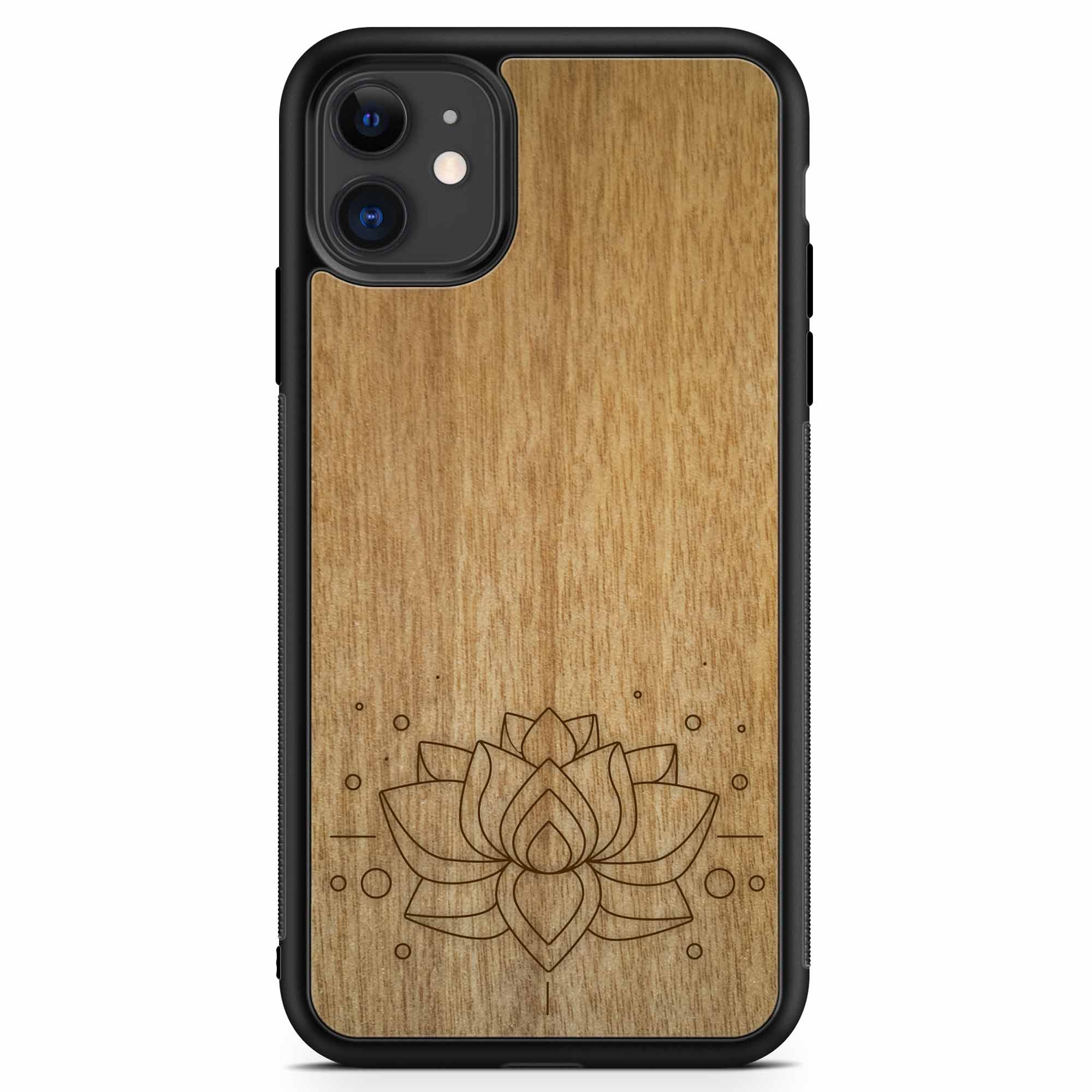 Étui de téléphone en bois de lotus gravé pour iPhone 11