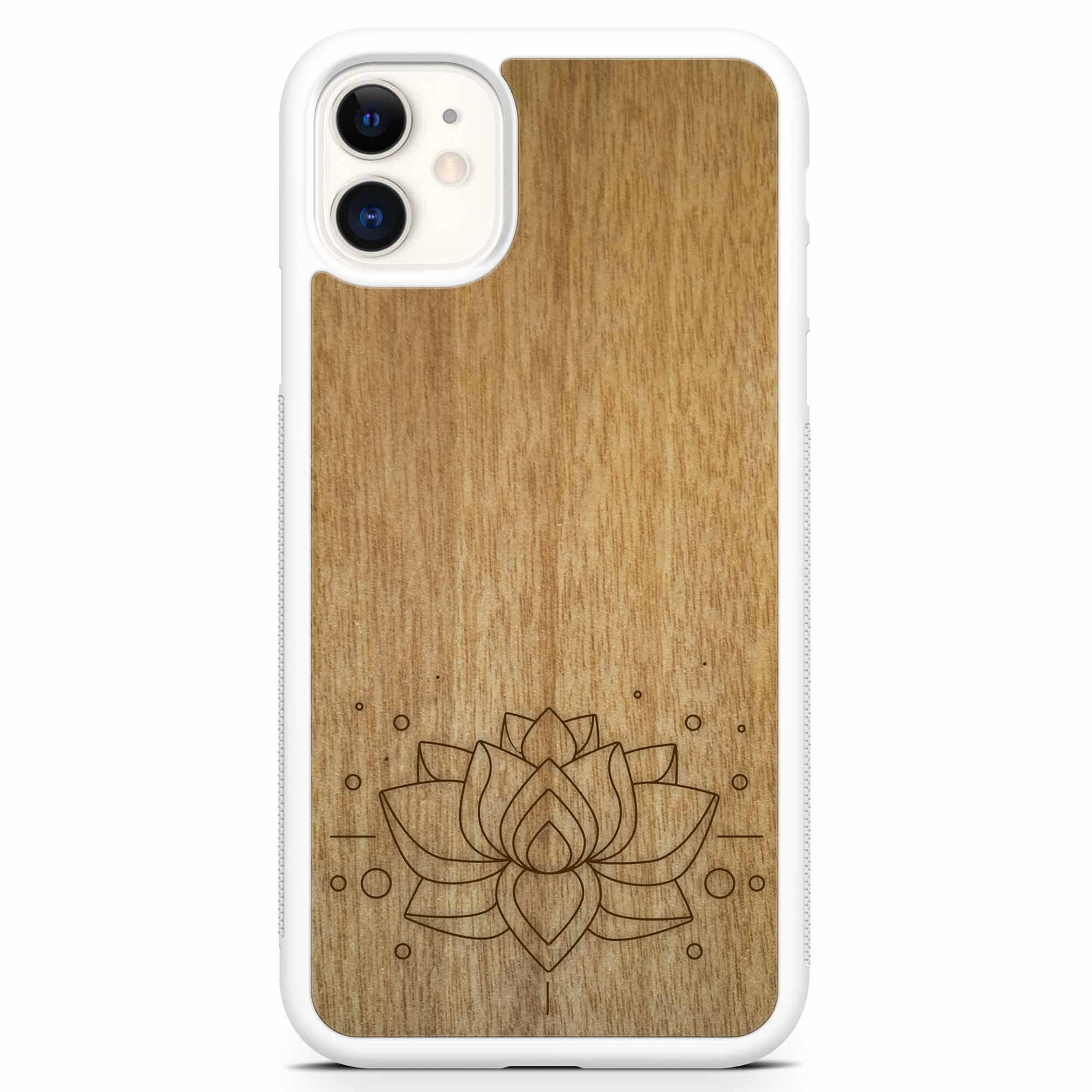 Étui de téléphone blanc en bois de lotus gravé pour iPhone 11