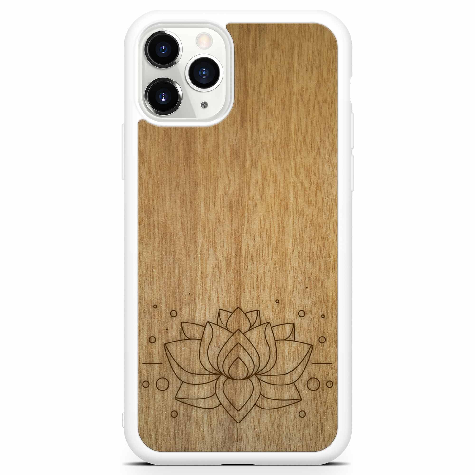 Custodia per telefono bianca in legno di loto con incisione per iPhone 11 Pro Max