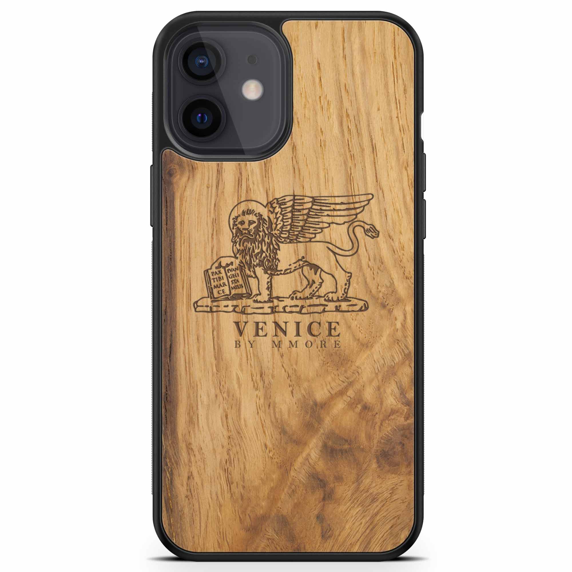 Custodia per telefono in legno antico con leone di Venezia per iPhone 12 Mini
