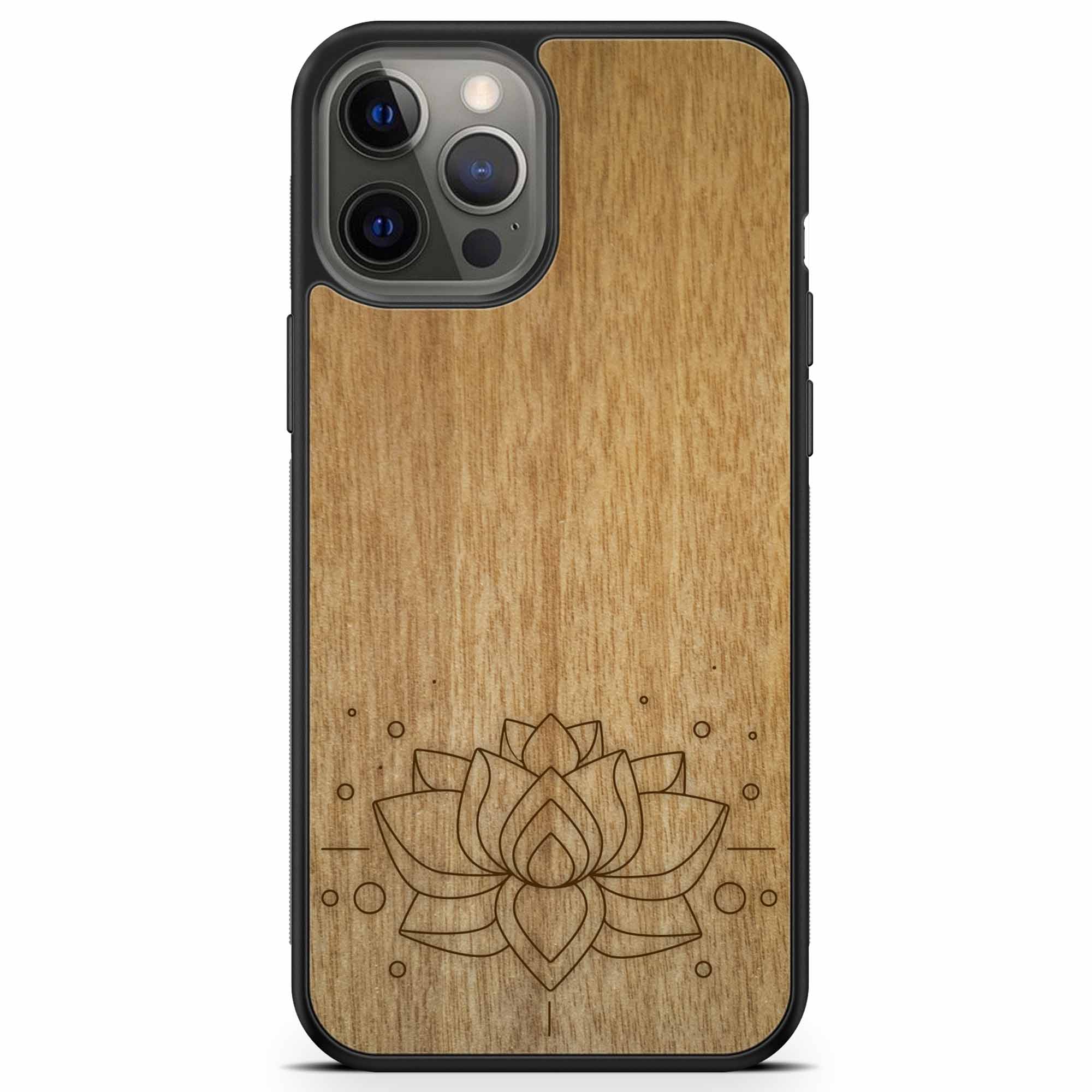 iPhone 12 Pro Max Engraved Lotus Wood Phone Case