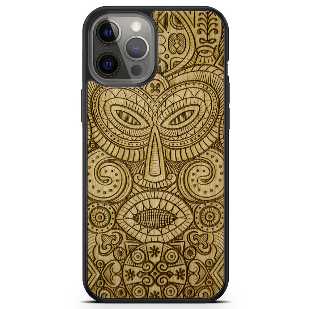 Carcasa de Madera con Máscara Tribal para iPhone 12 Pro Max