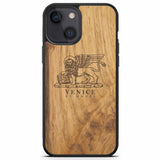 Custodia per telefono in legno antico con leone di Venezia per iPhone 13