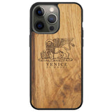 Custodia per telefono in legno antico con leone di Venezia per iPhone 13 Pro Max