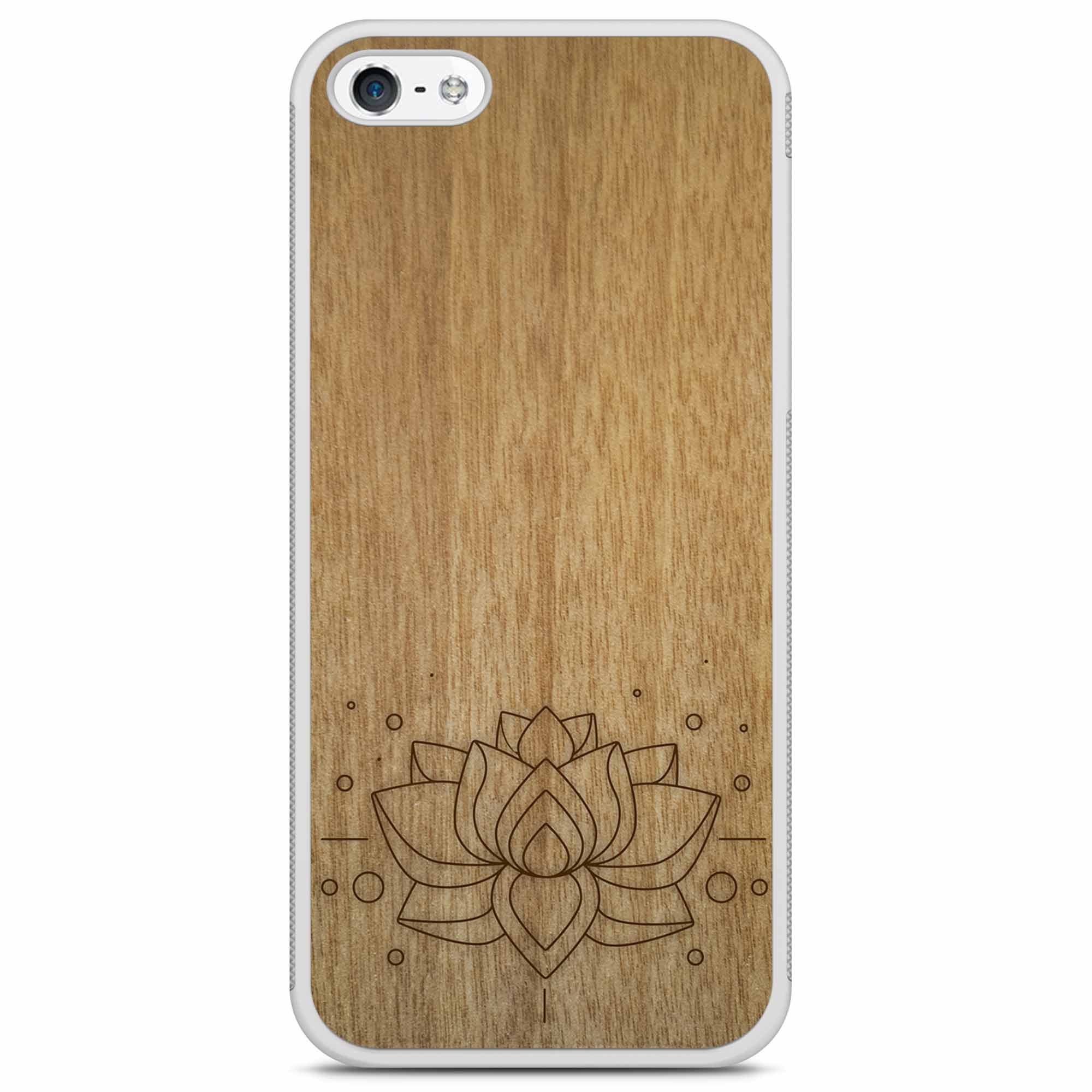Funda para teléfono blanca con grabado de madera de loto para iPhone 5