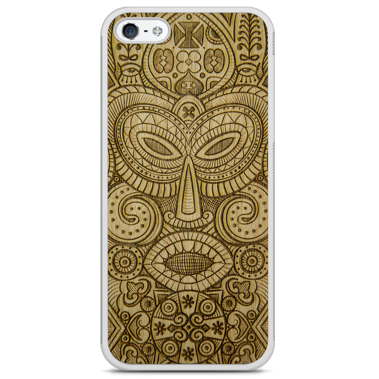 Funda para teléfono de madera blanca con máscara tribal tribal para iPhone 5