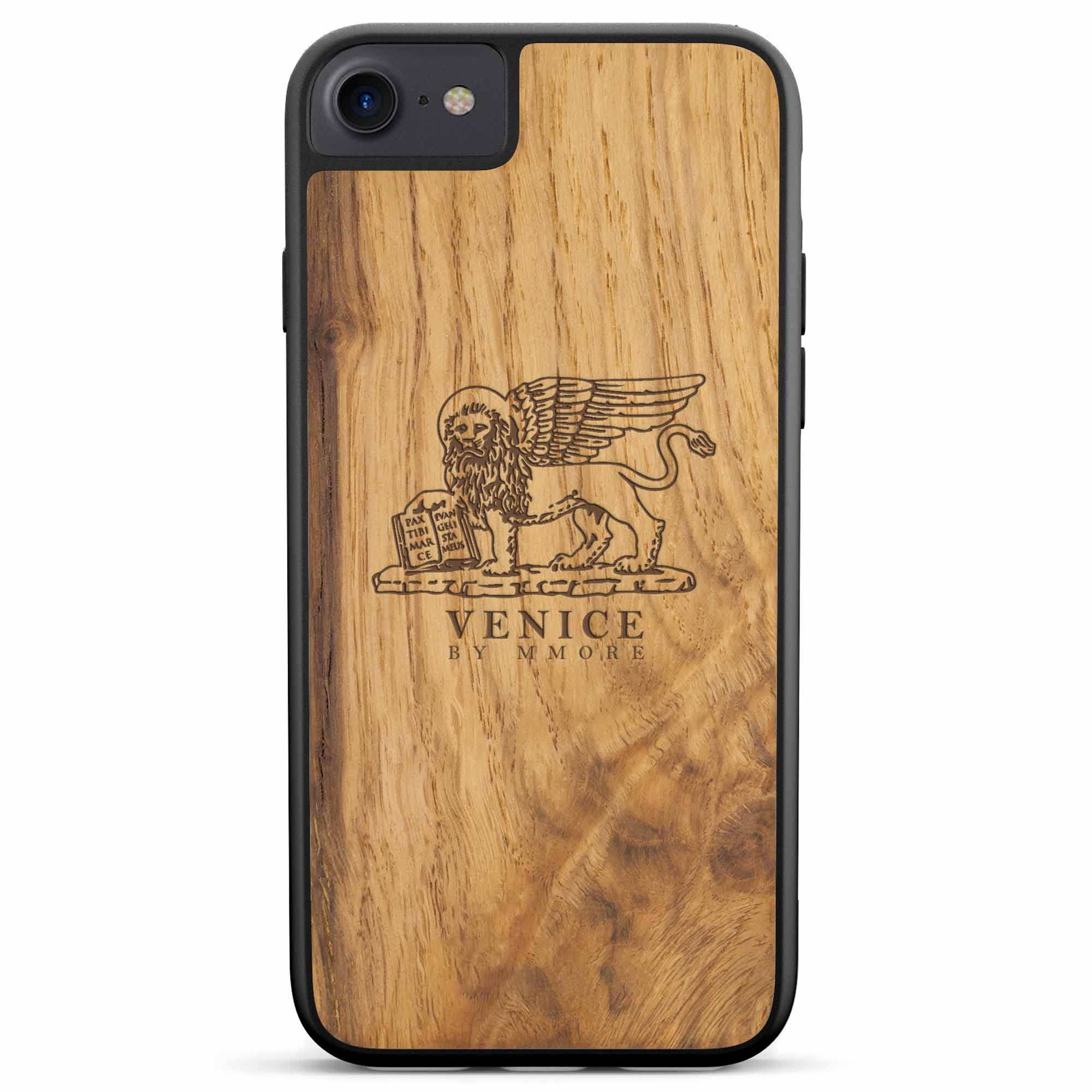 Custodia per telefono in legno antico con leone di Venezia per iPhone SE 2