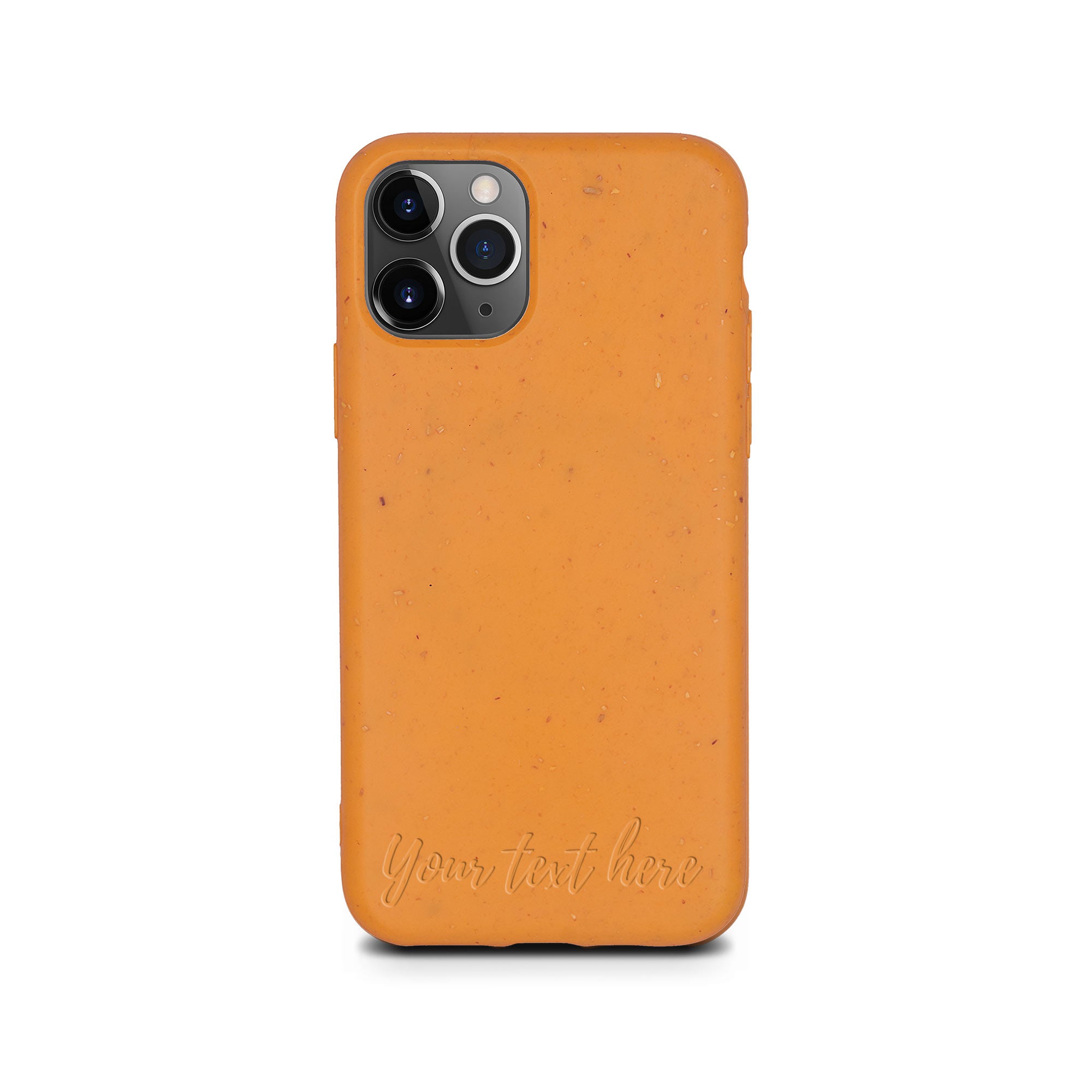 Funda naranja para iPhone 11 Pro con texto horizontal personalizado biodegradable personalizado
