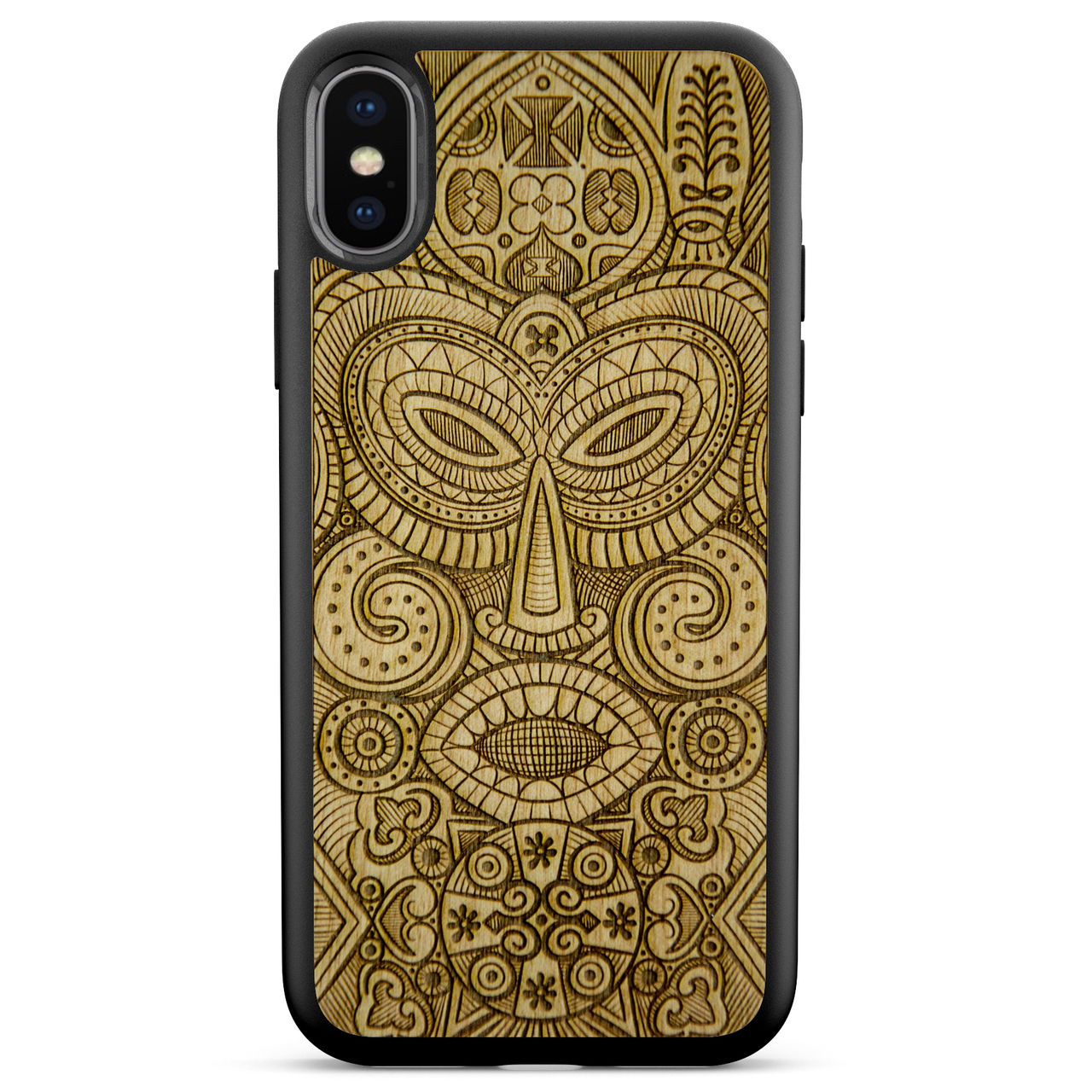 Coque de portable en bois avec masque tribal pour iPhone X XS