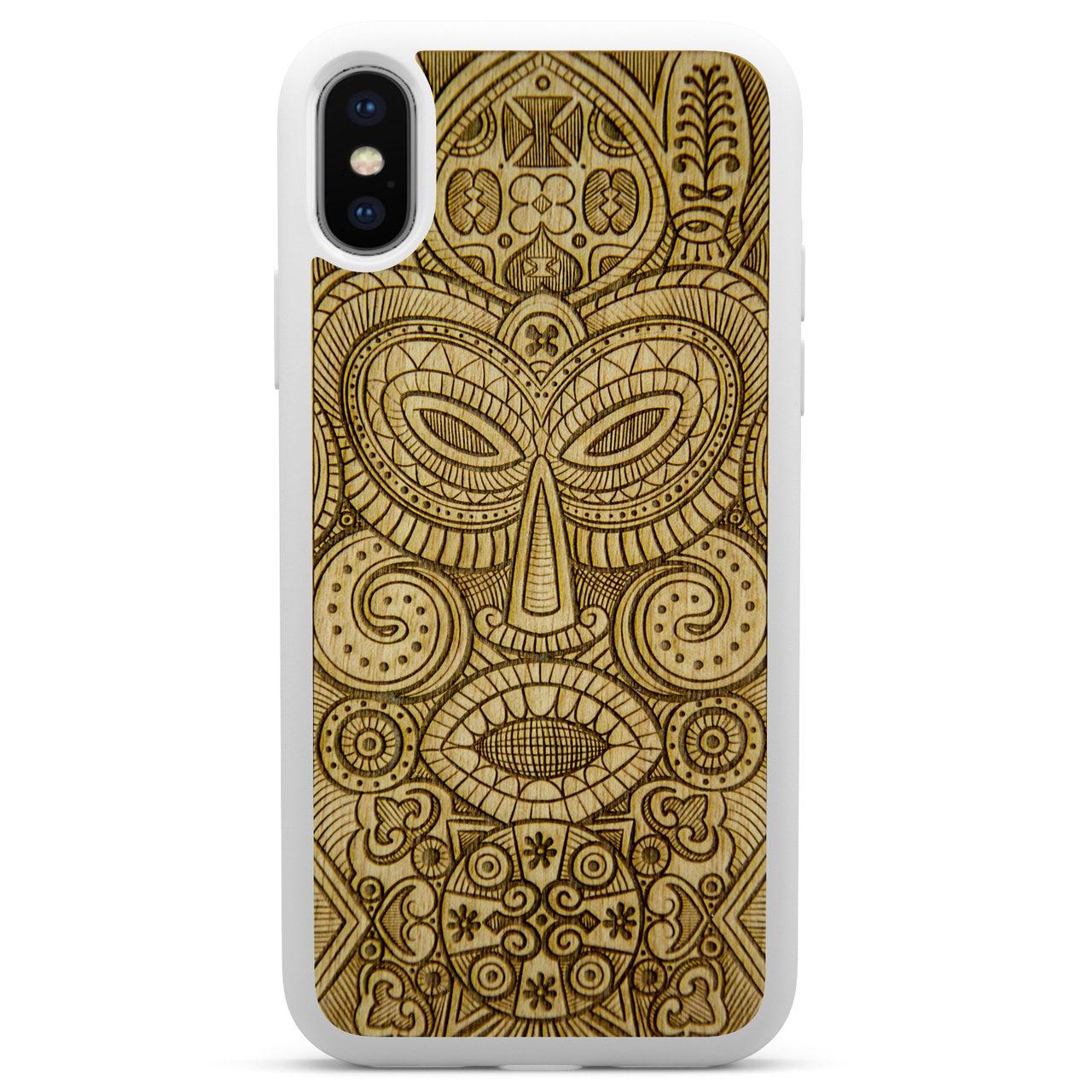 Coque de portable en bois blanc avec masque tribal pour iPhone X XS