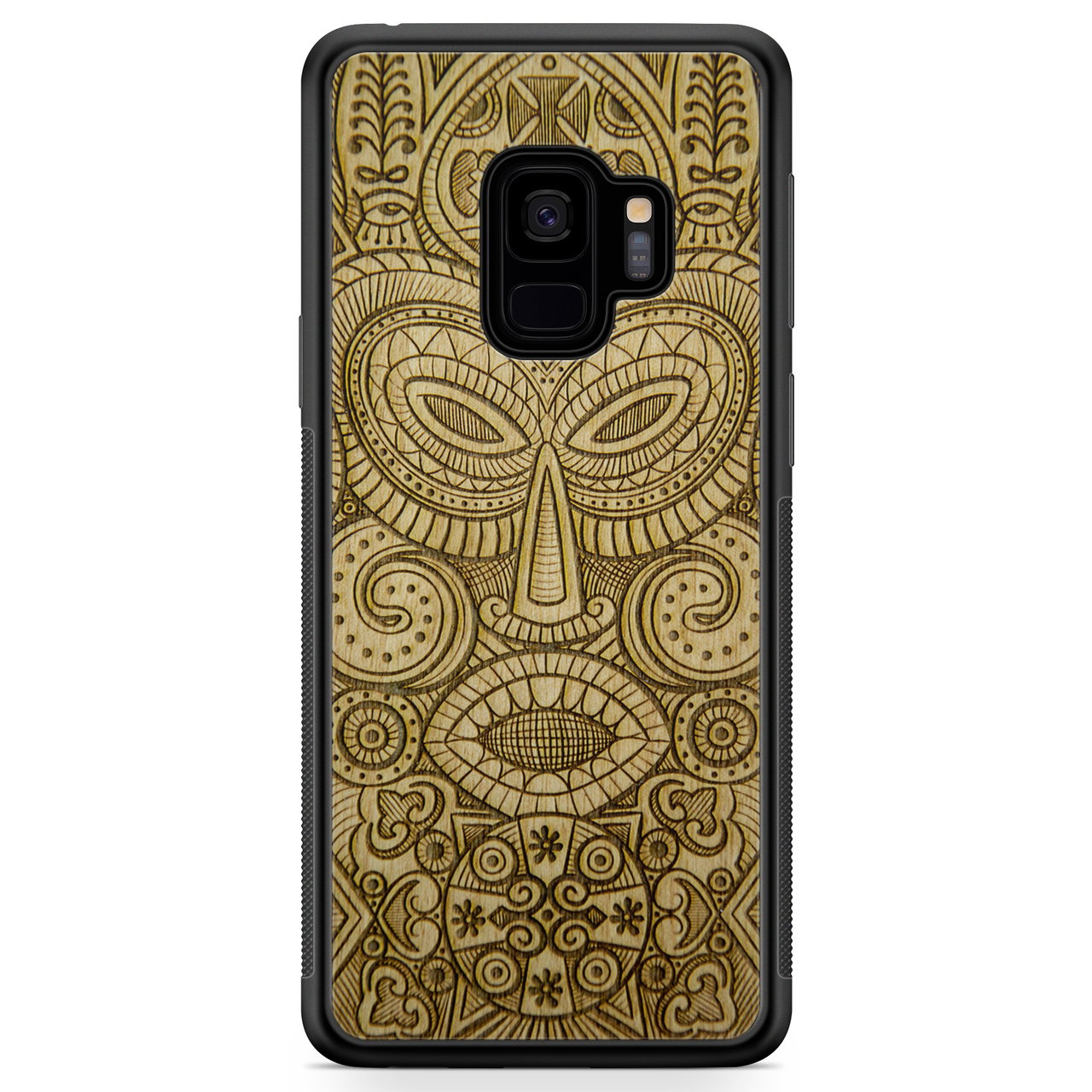 Custodia in legno per telefono Samsung S9 maschera tribale